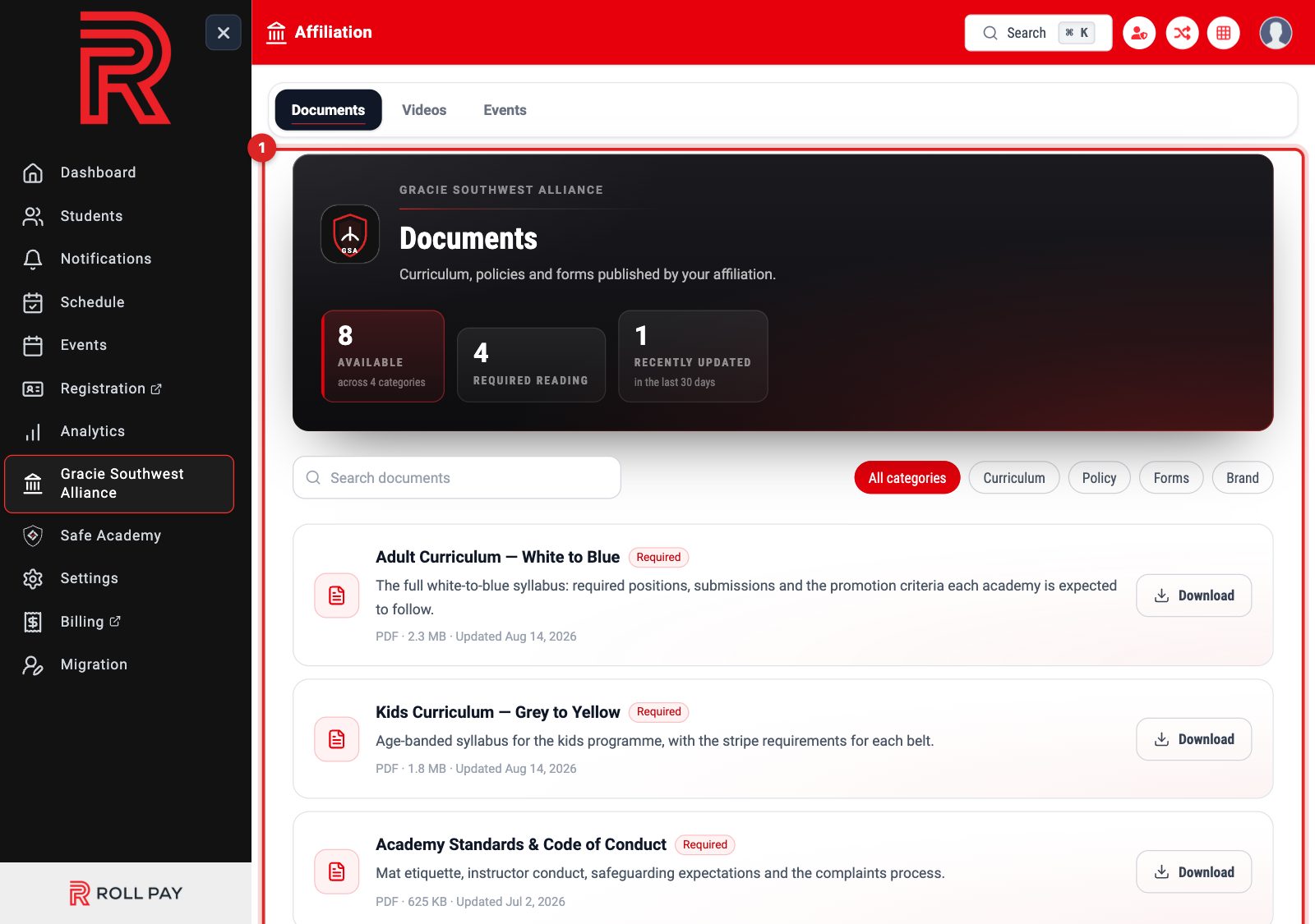 The affiliation documents page with available, required reading and recently updated