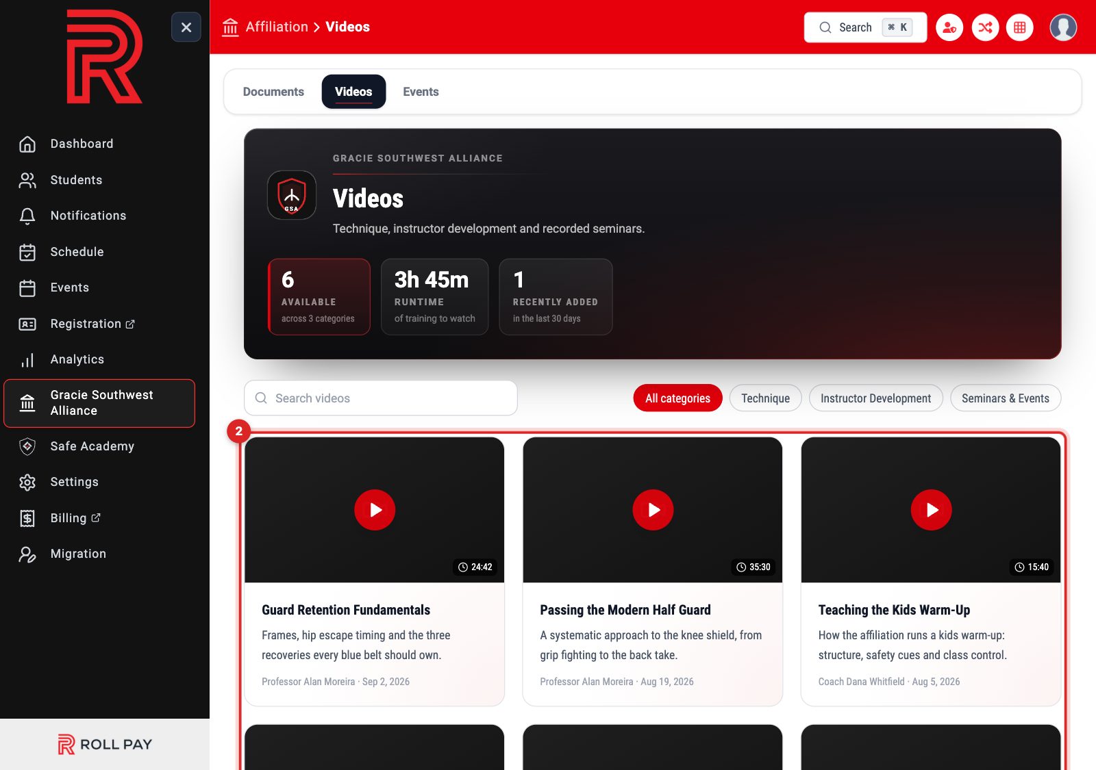 The affiliation video library with runtimes and instructors
