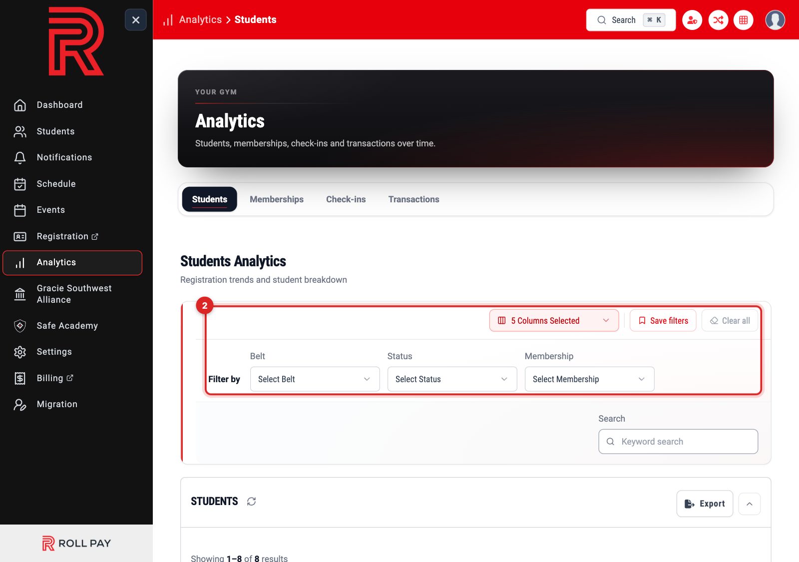 The filter bar with belt, status and membership dropdowns