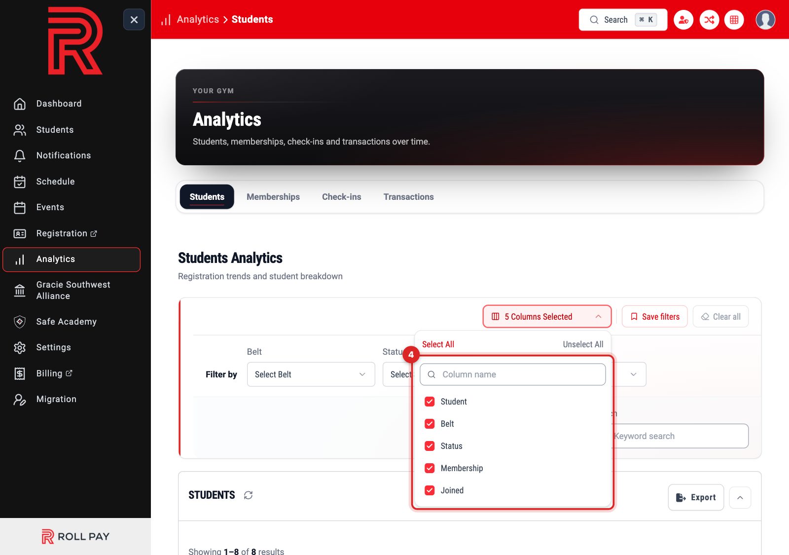The column picker open with a search box and the list of columns
