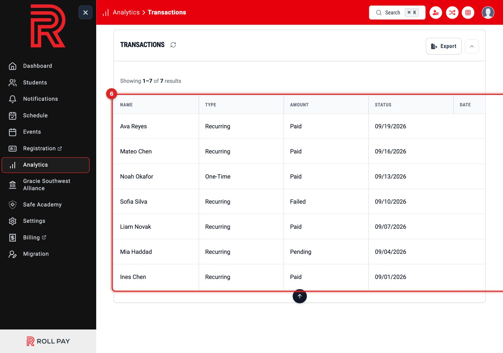 The transactions report listing rows with their status