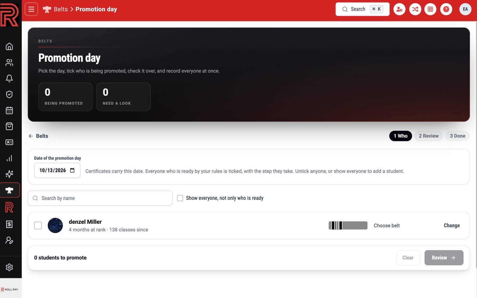 The Promotion day page, step 1: the date, the ticked students and the Review button