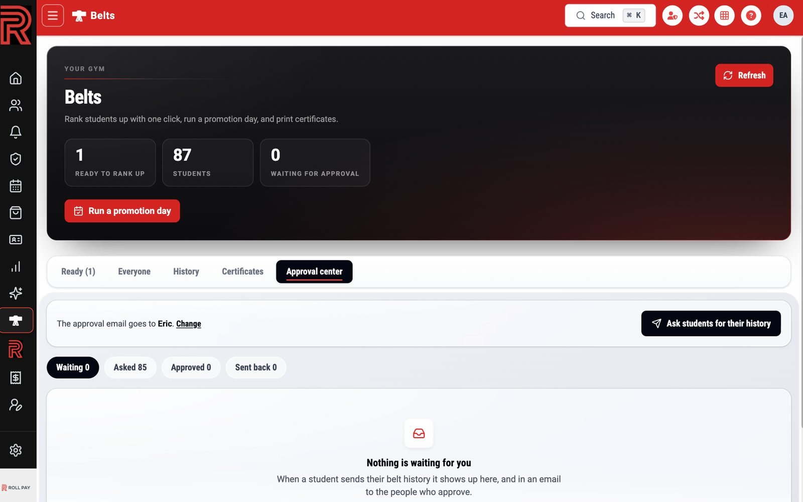 The Approval center with its four filters and the Ask students for their history button