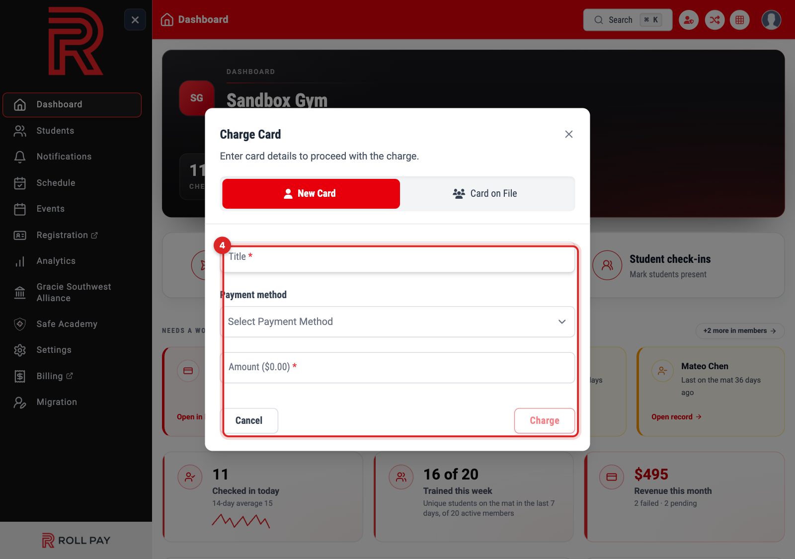 The Title, Payment method and Amount fields with the Charge button