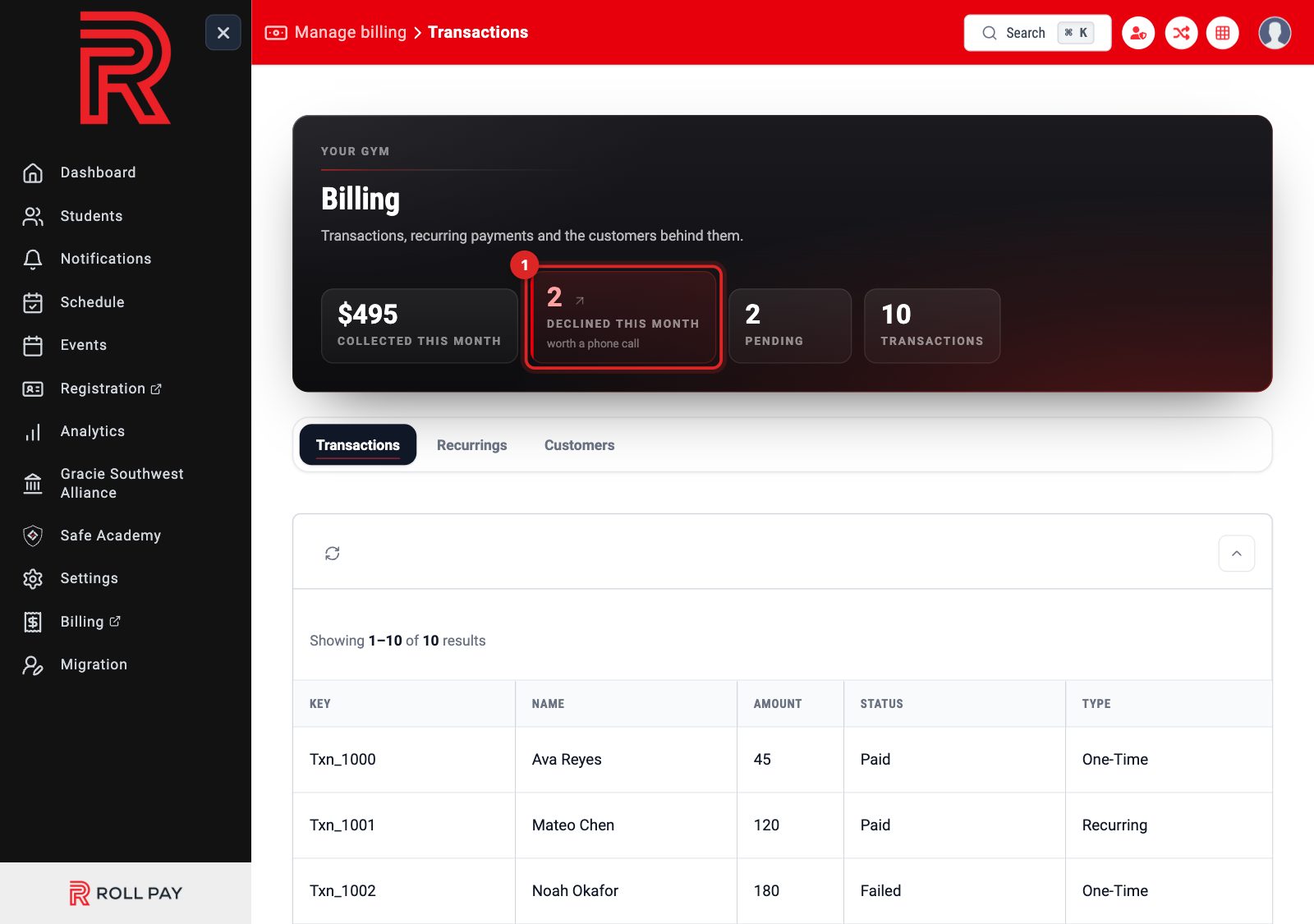 The Billing page header with the Declined this month tile highlighted