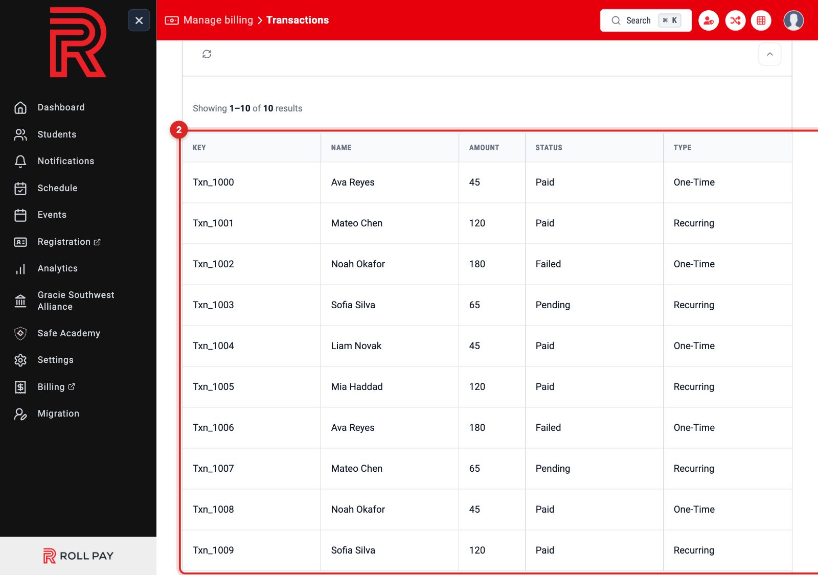 The transactions list with Paid, Pending and Failed rows