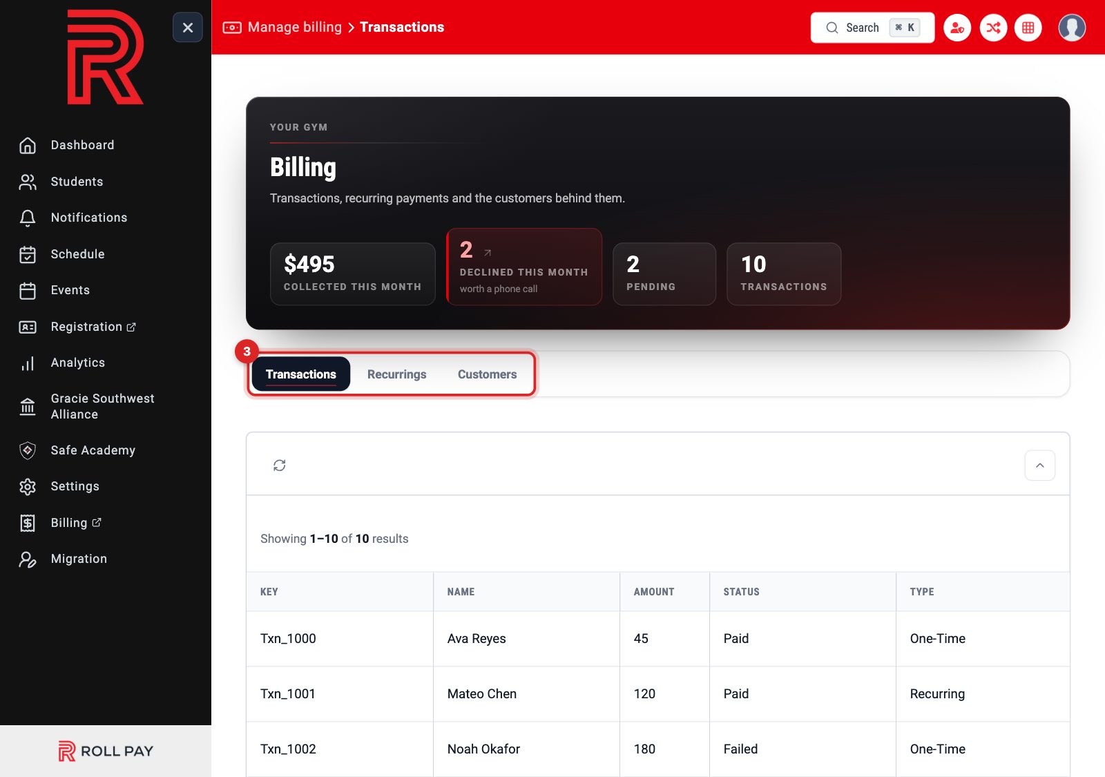 The Transactions, Recurrings and Customers tabs