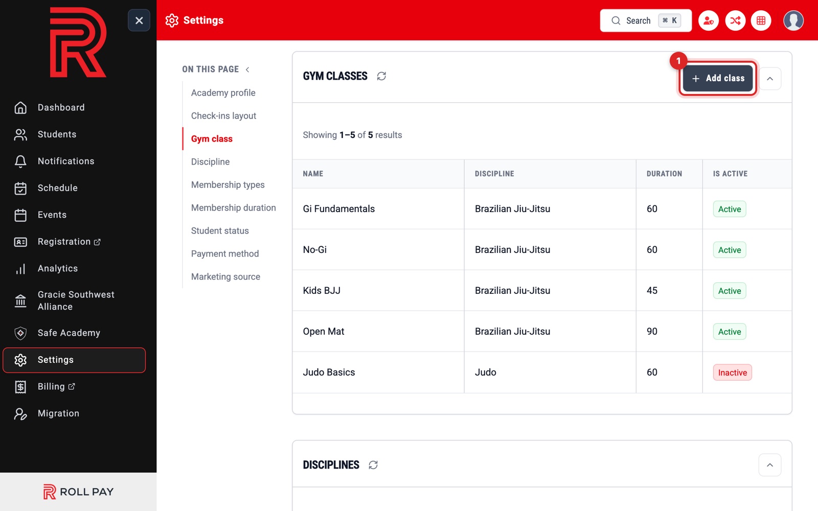 Settings page, Gym tab, Gym classes table with the Add class button highlighted