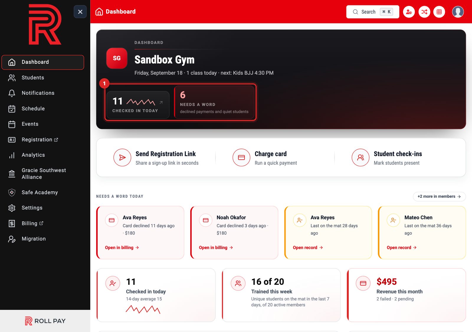 The Dashboard header with the checked-in and needs-a-word tiles