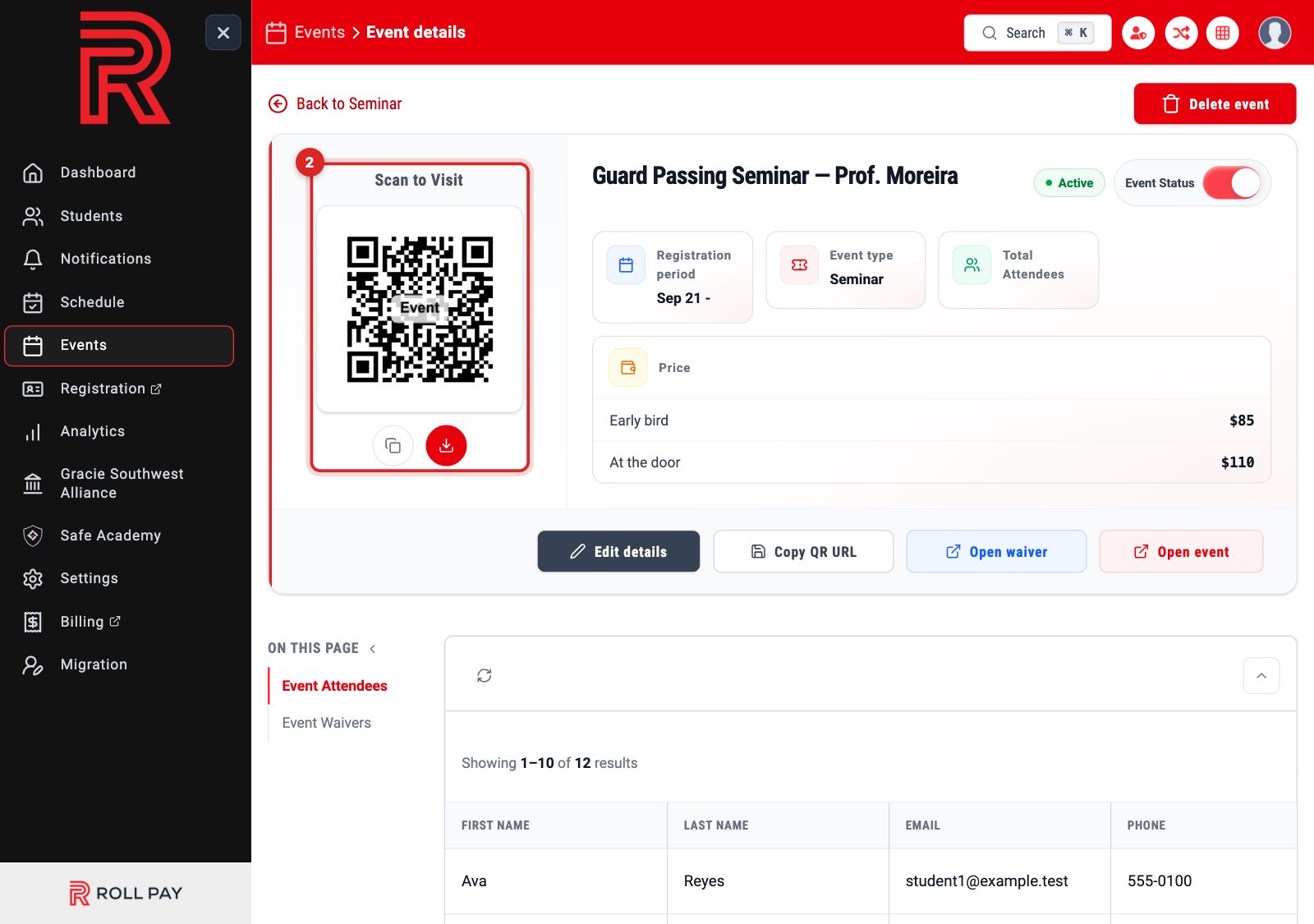 The event's QR code with copy and download buttons