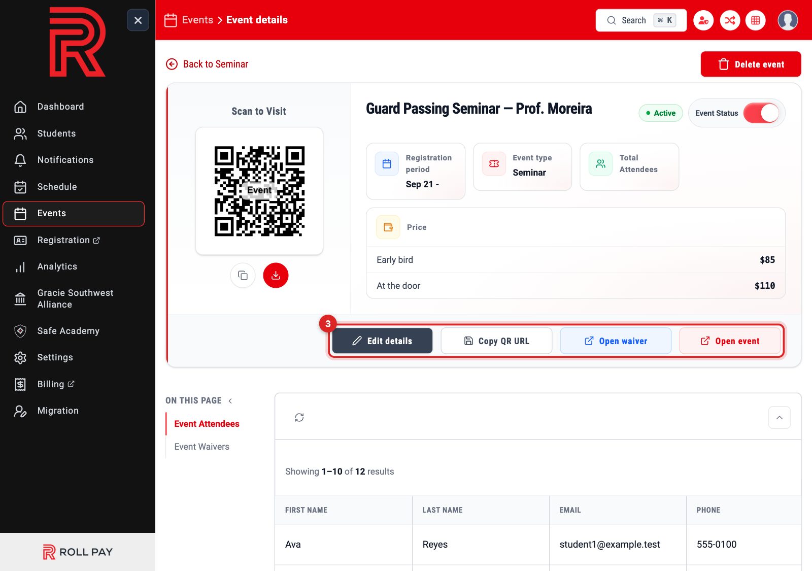 The Edit details, Copy QR URL, Open waiver and Open event buttons