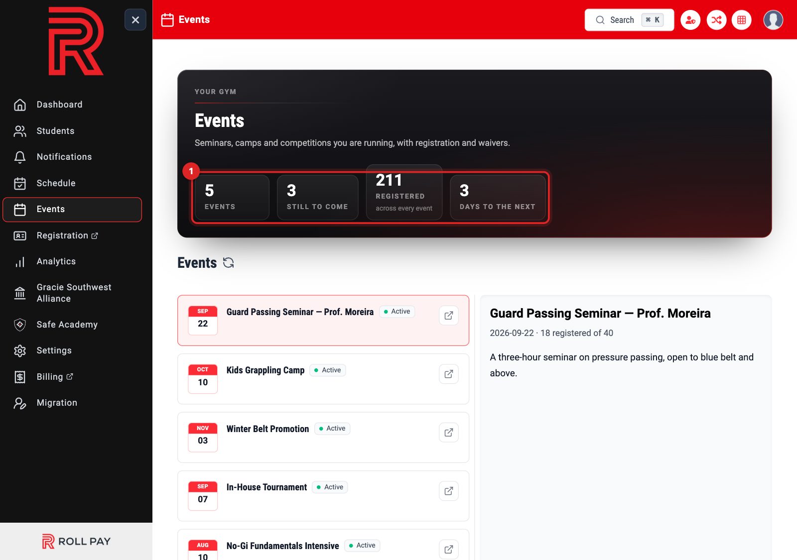 The Events header counting events, still to come, registered and days to the next