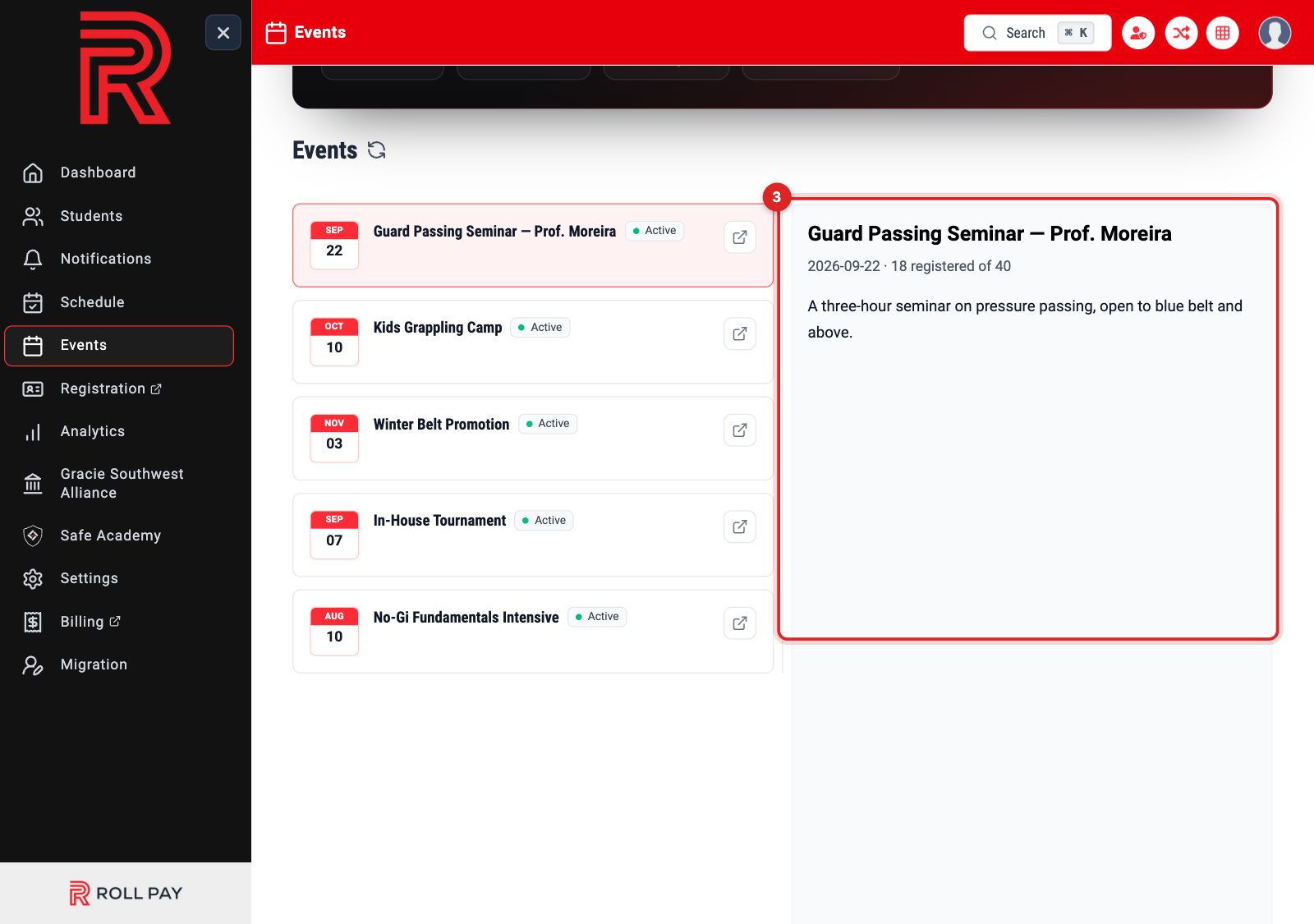 An event selected, with its details in the panel beside the list