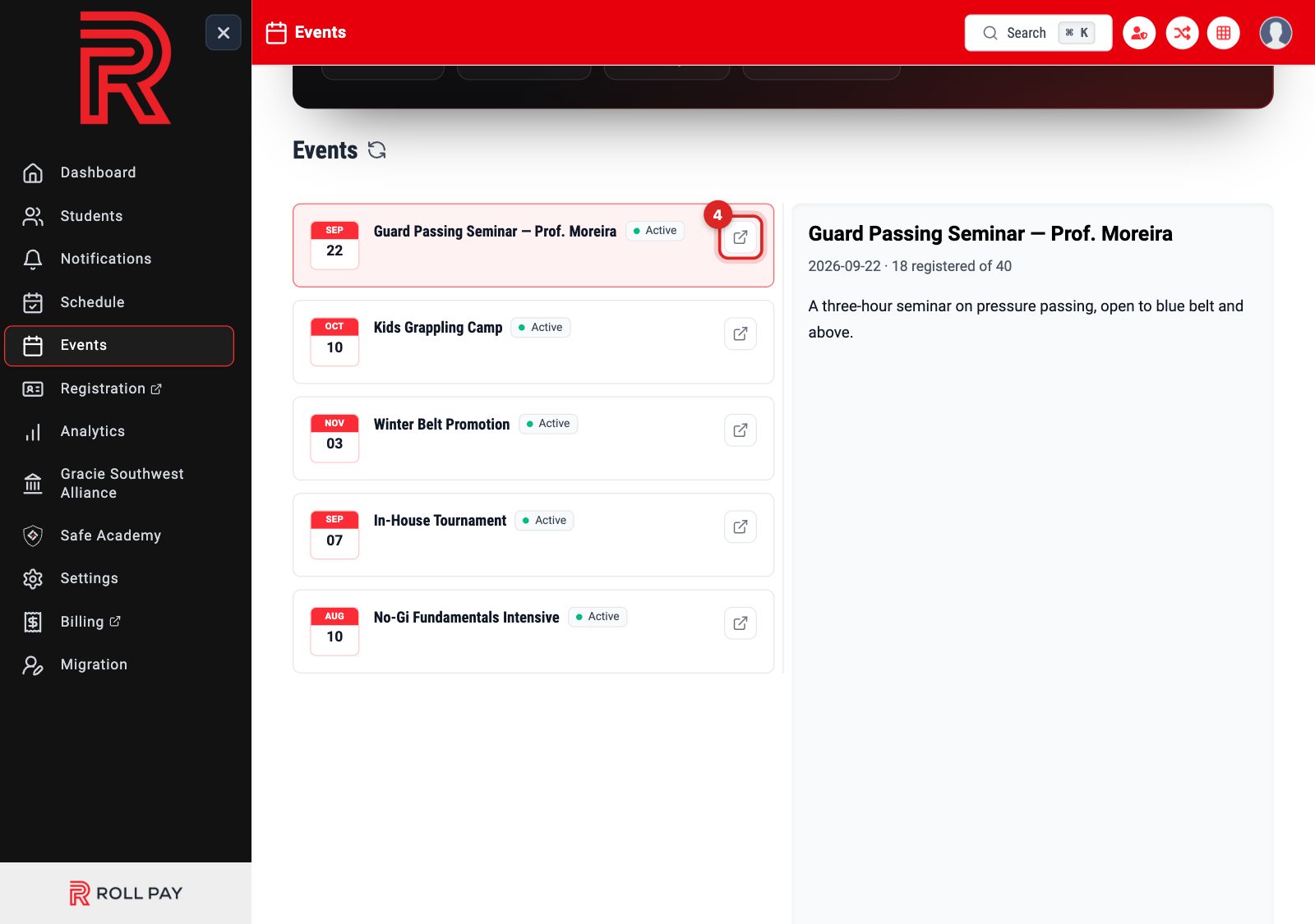 The open-in-new-tab button on an event row