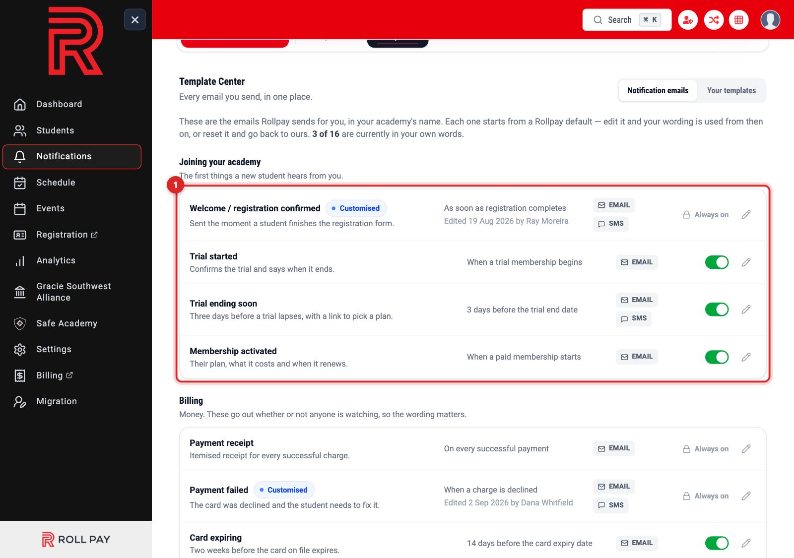 The Template Center listing the automatic emails, grouped by purpose