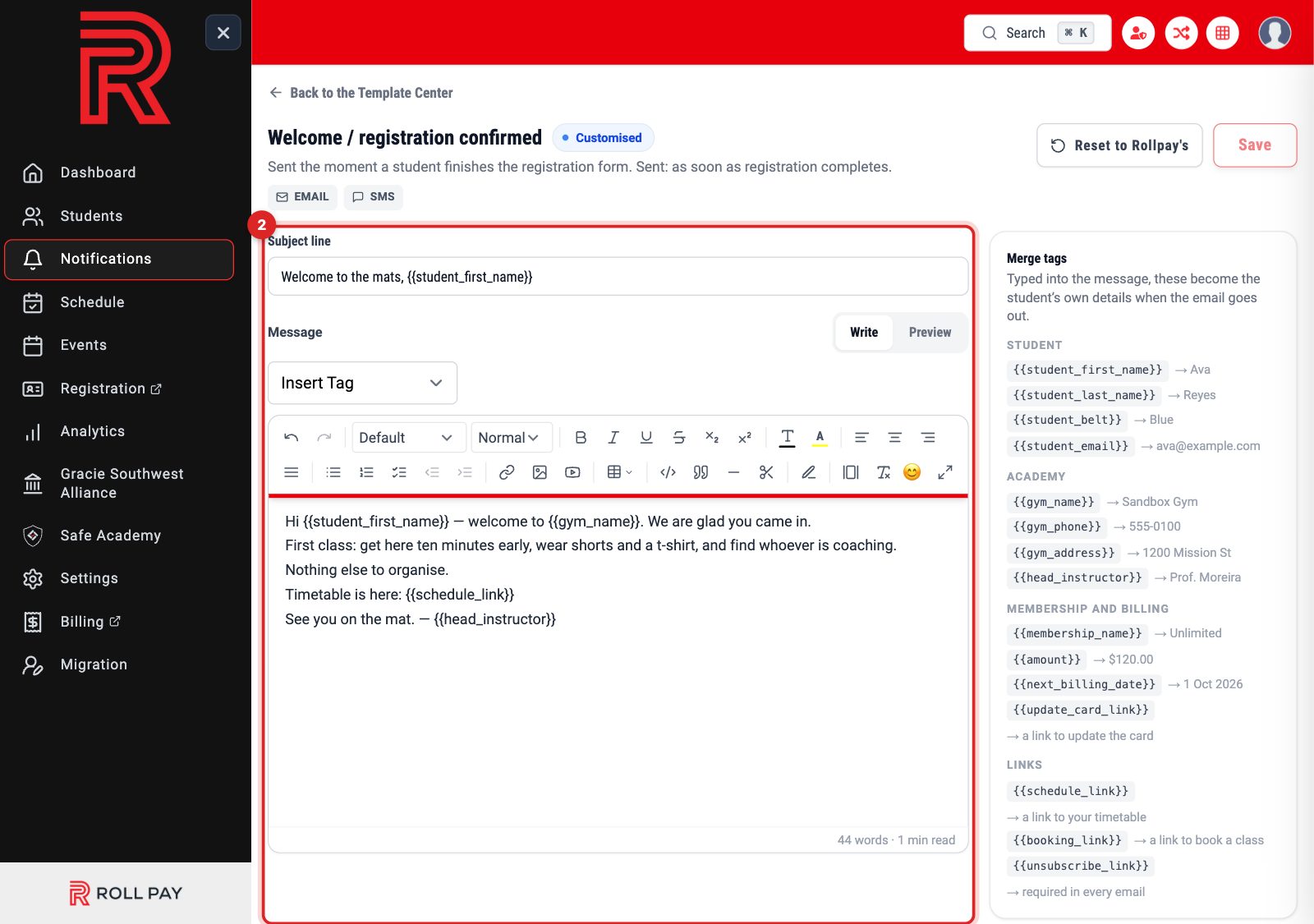The editor for the welcome email with the subject line and message