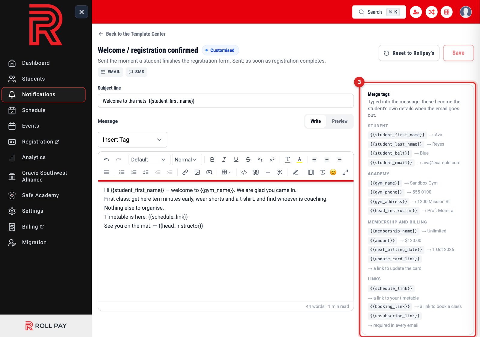 The Merge tags panel listing the student, academy, billing and link tags