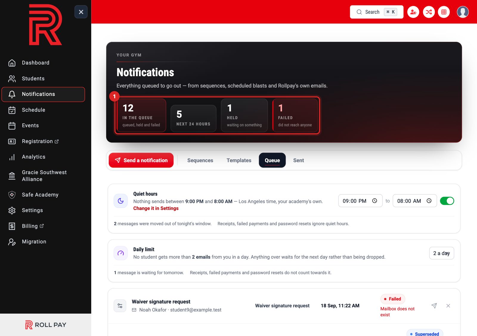 The Queue tab header with counts for queued, next 24 hours, held and failed