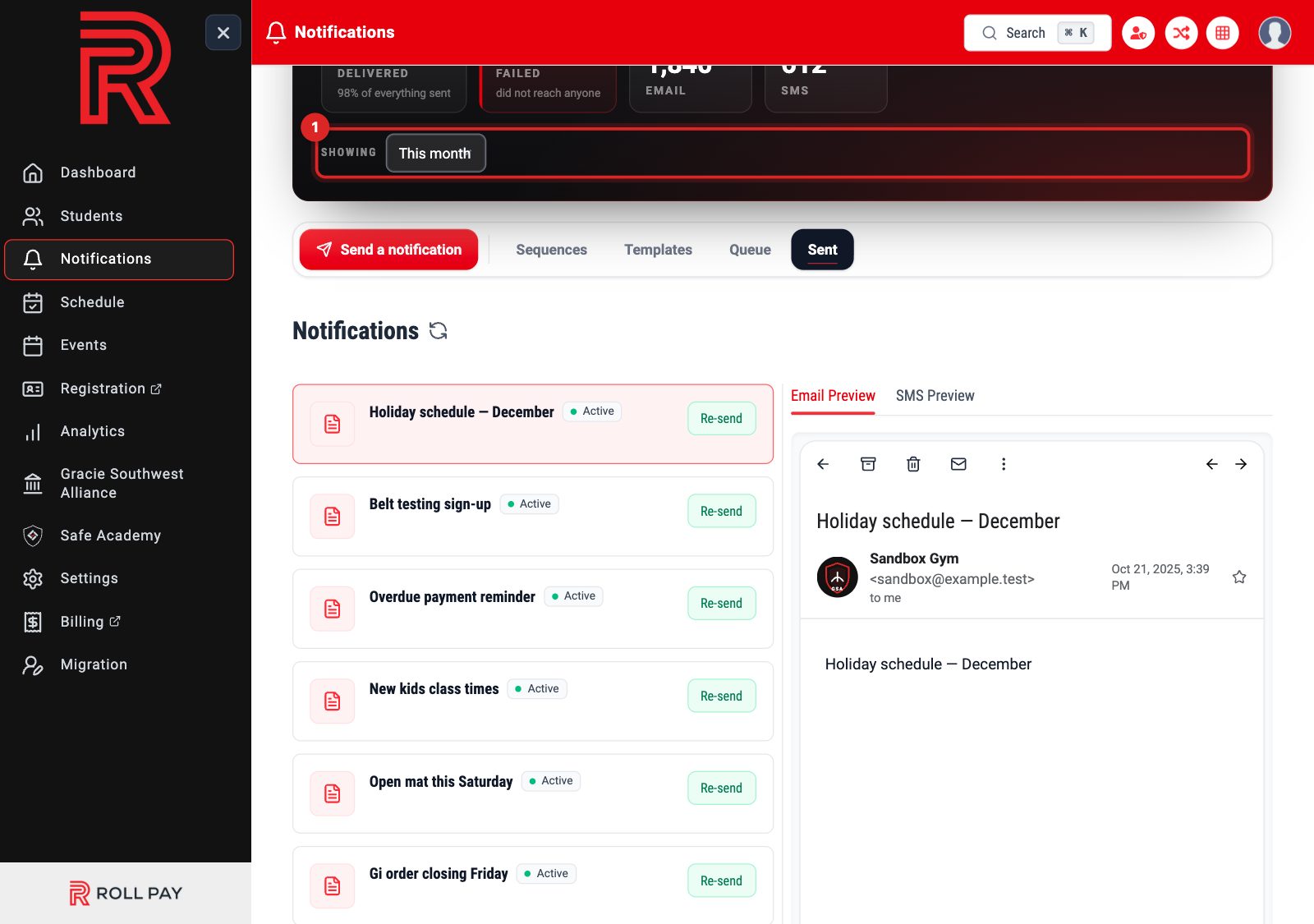 The Sent tab with the Showing period menu