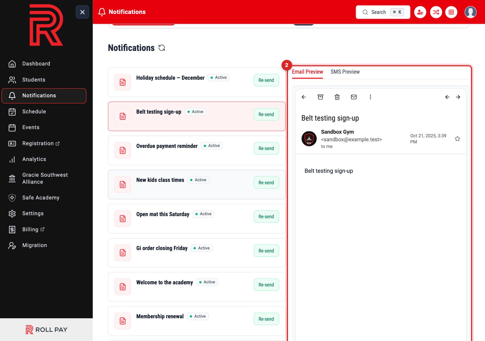 A past notification selected with its email preview on the right