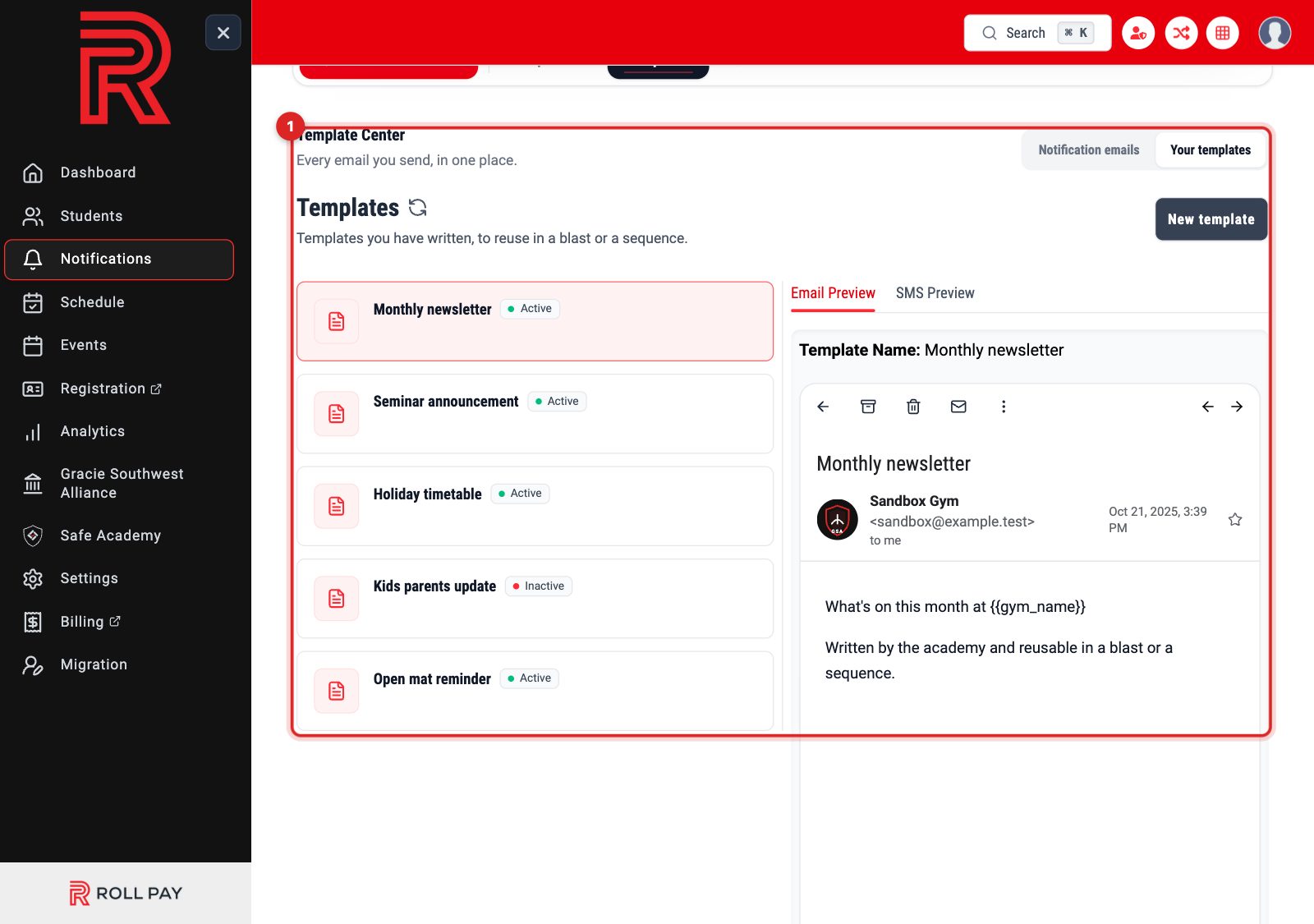 The Your templates list with the preview panel