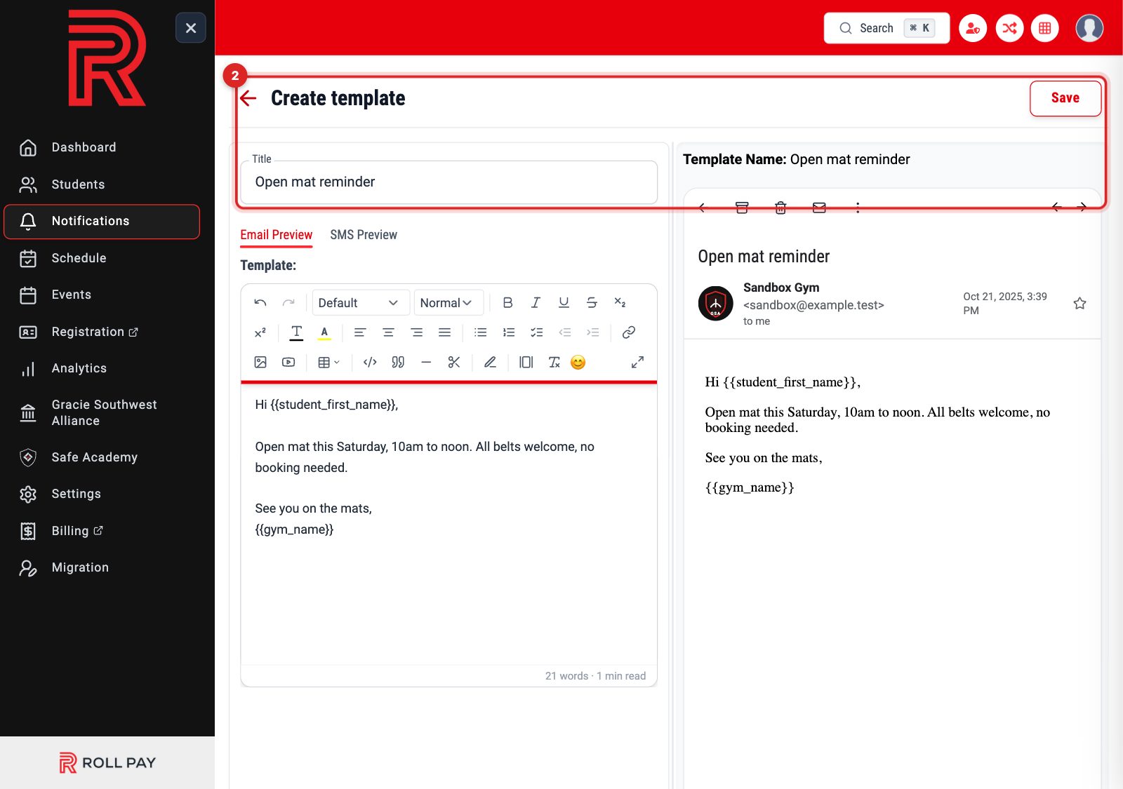 The Create template page with a title and message filled in