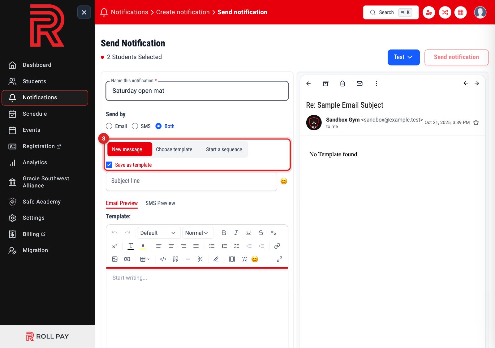 The Save as template checkbox on the Send Notification form