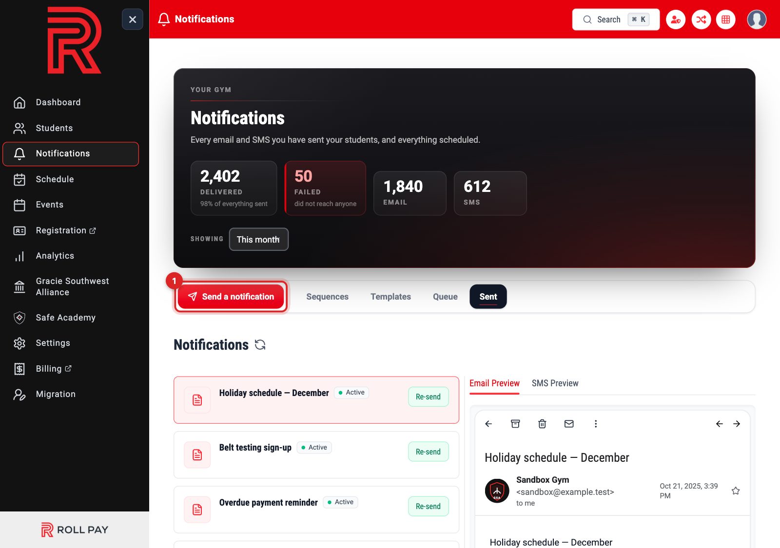 The Notifications page with the Send a notification button highlighted