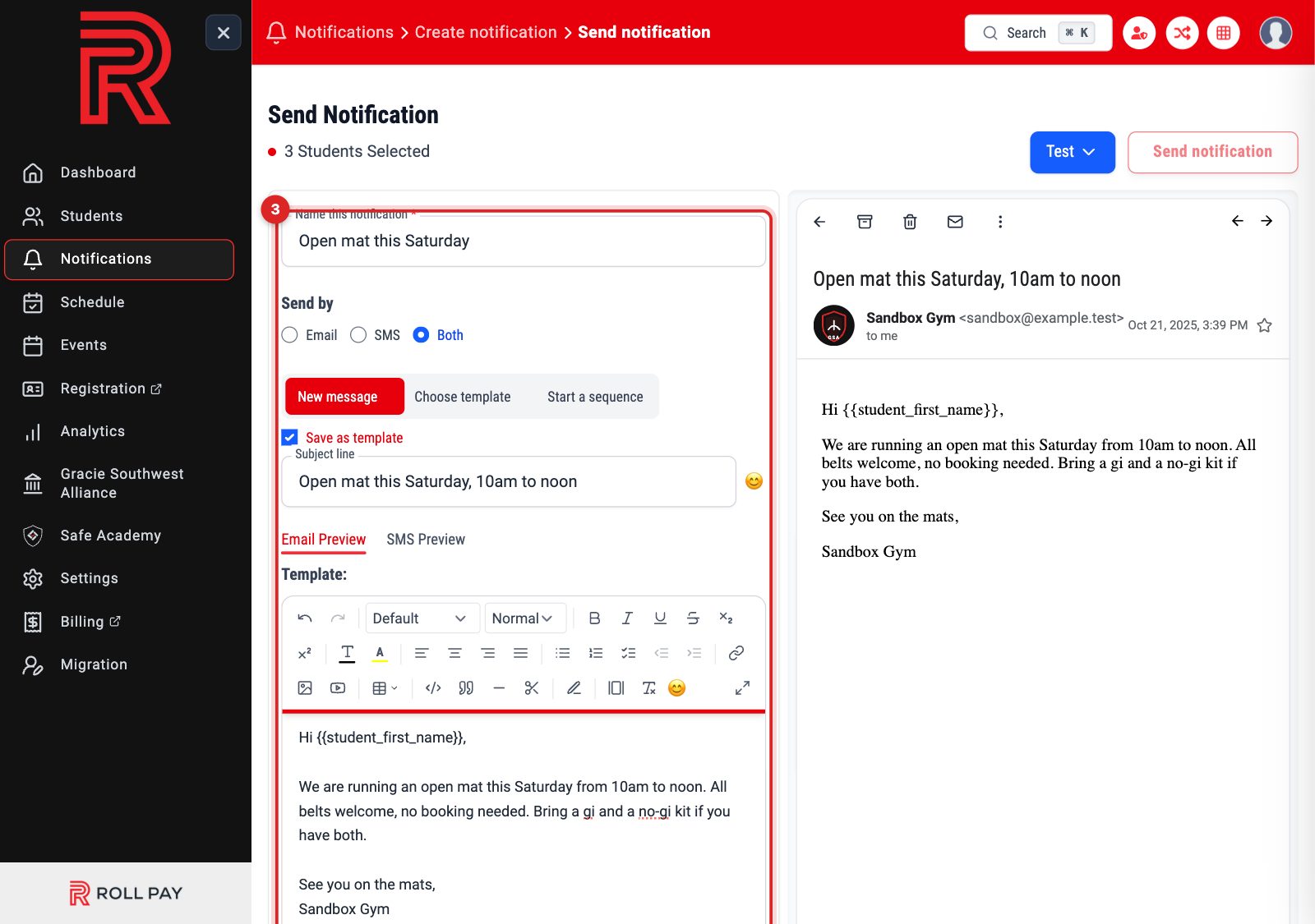 The Send Notification form with a name, subject and message filled in