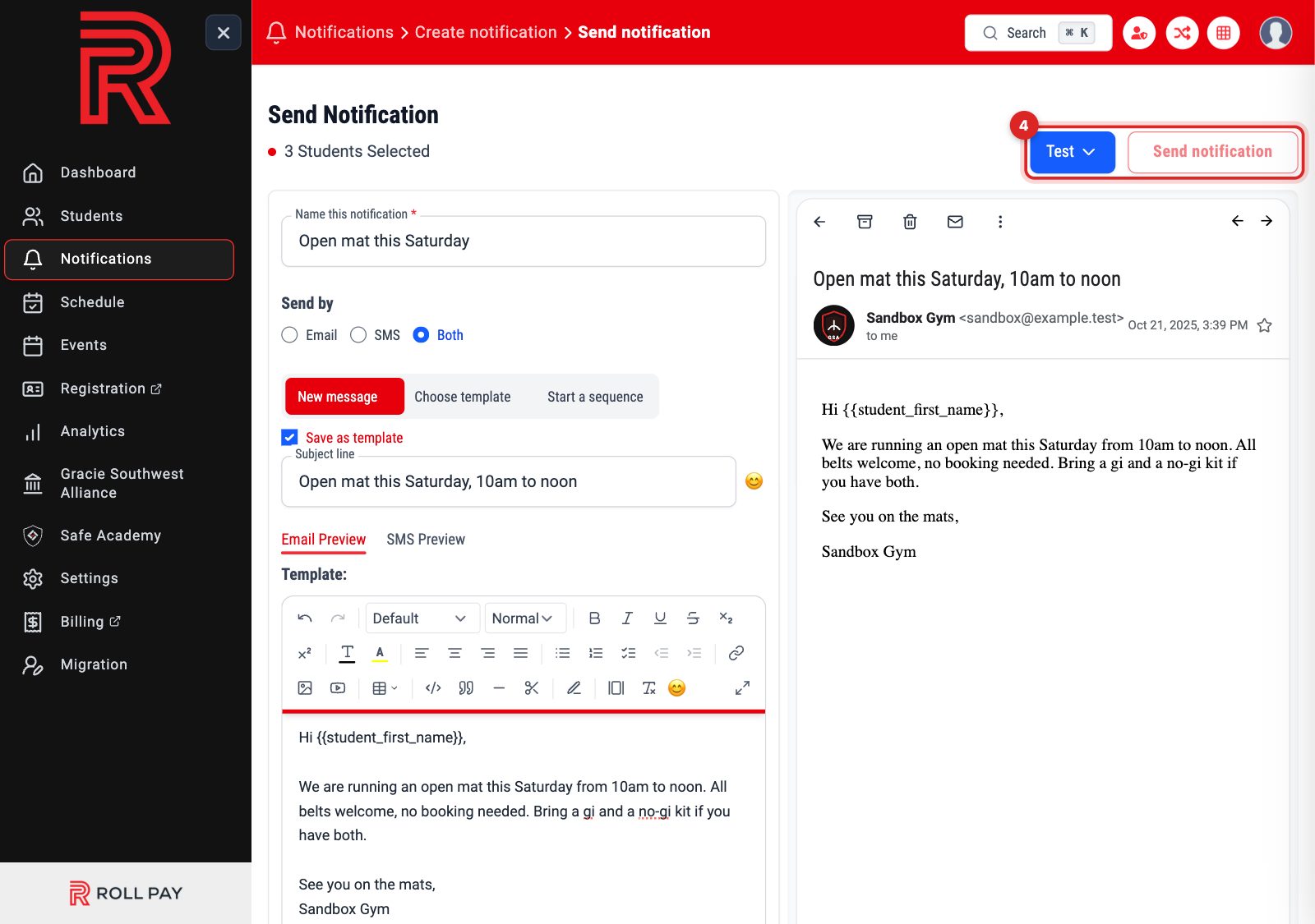 The Test and Send notification buttons highlighted at the top of the form