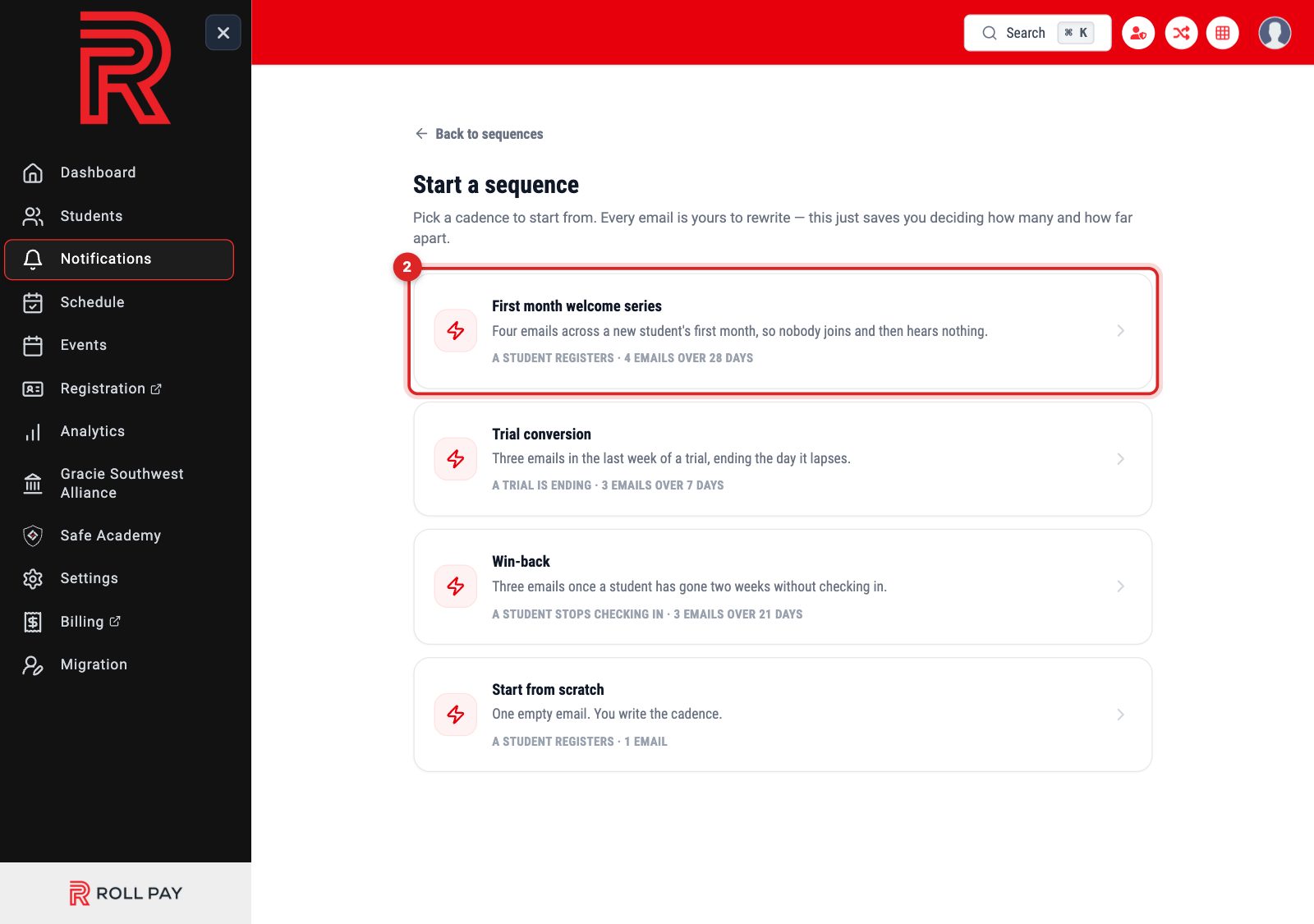 The Start a sequence screen with the First month welcome series highlighted