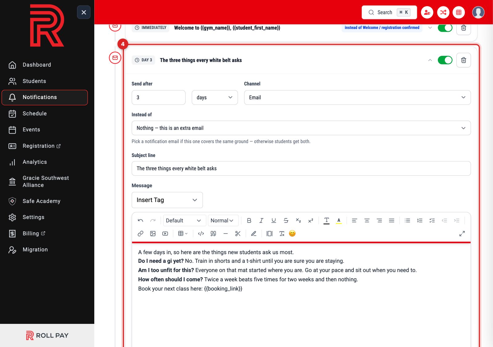 One email in the sequence opened for editing