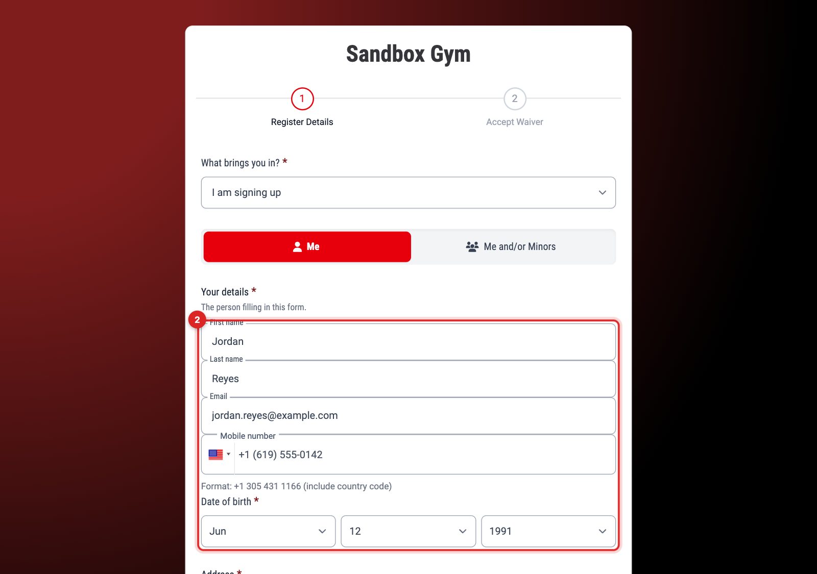 Register Details step with the name, email, mobile number and date of birth fields filled in