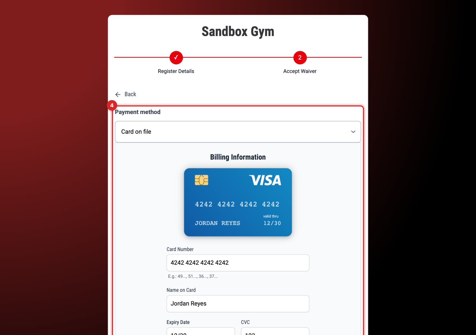 Accept Waiver step showing the Payment method choice and the card details fields