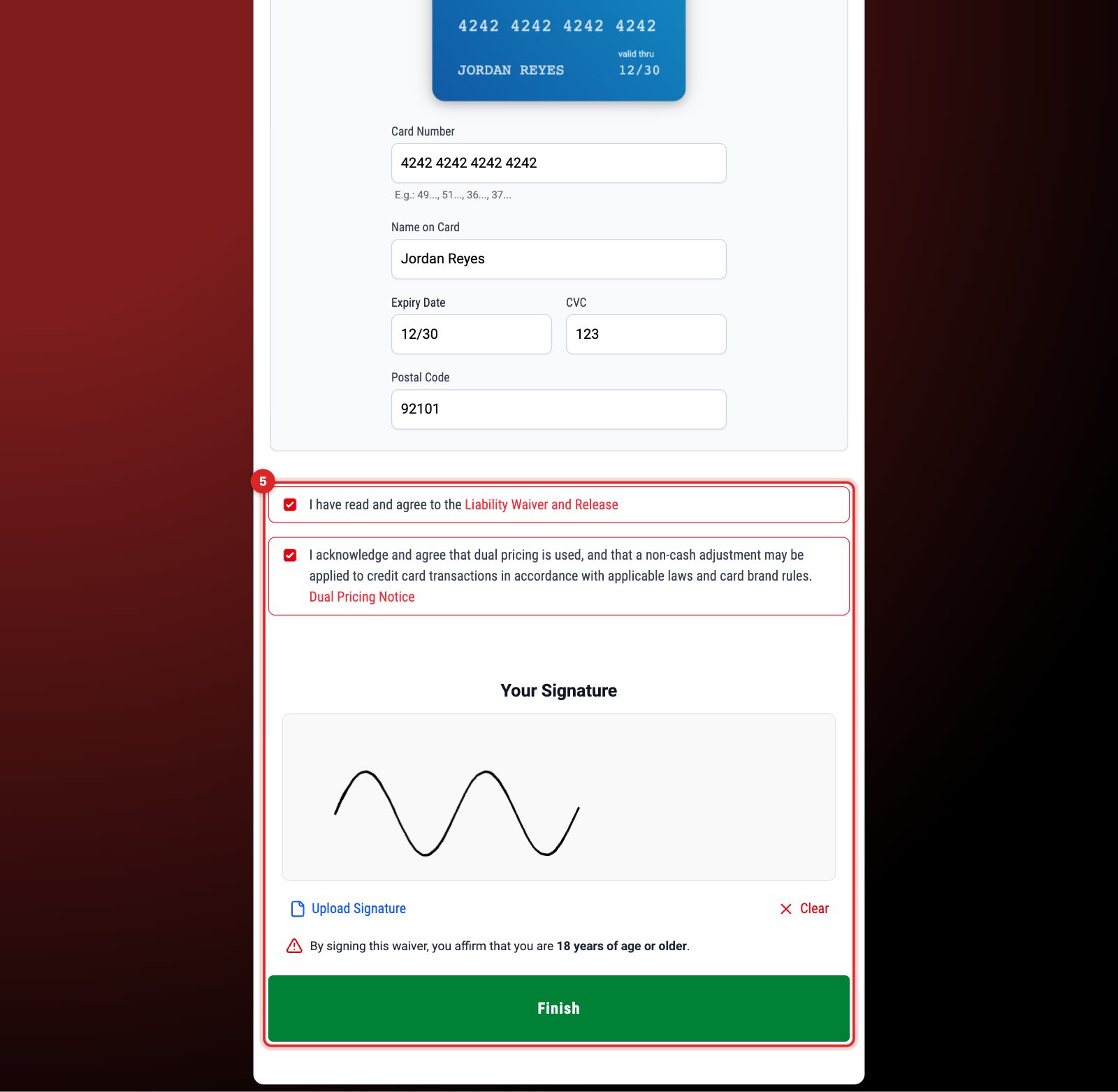 Waiver checkboxes ticked and a signature drawn in the signature box above the Finish button