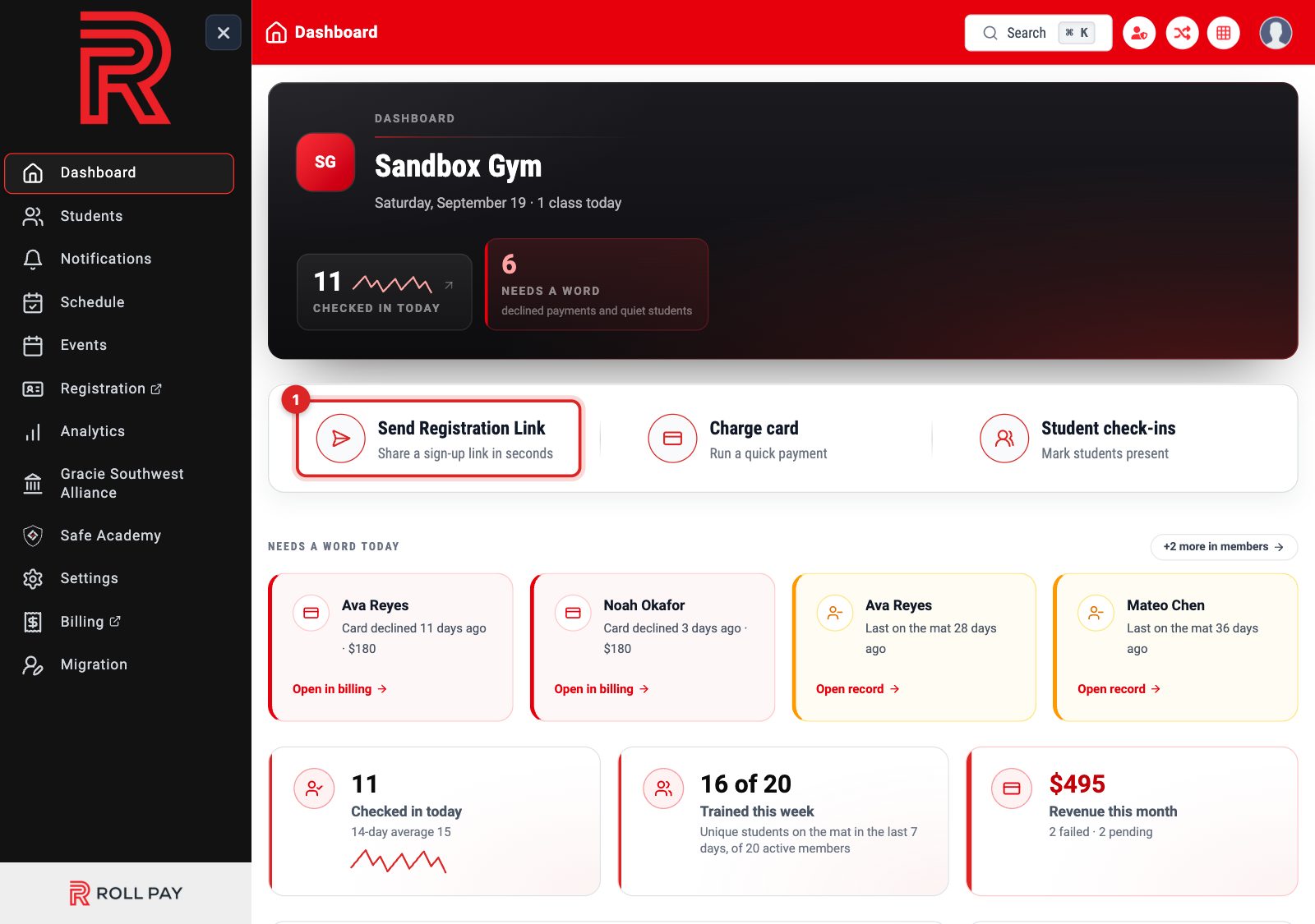 The three quick actions on the Dashboard with Send Registration Link highlighted