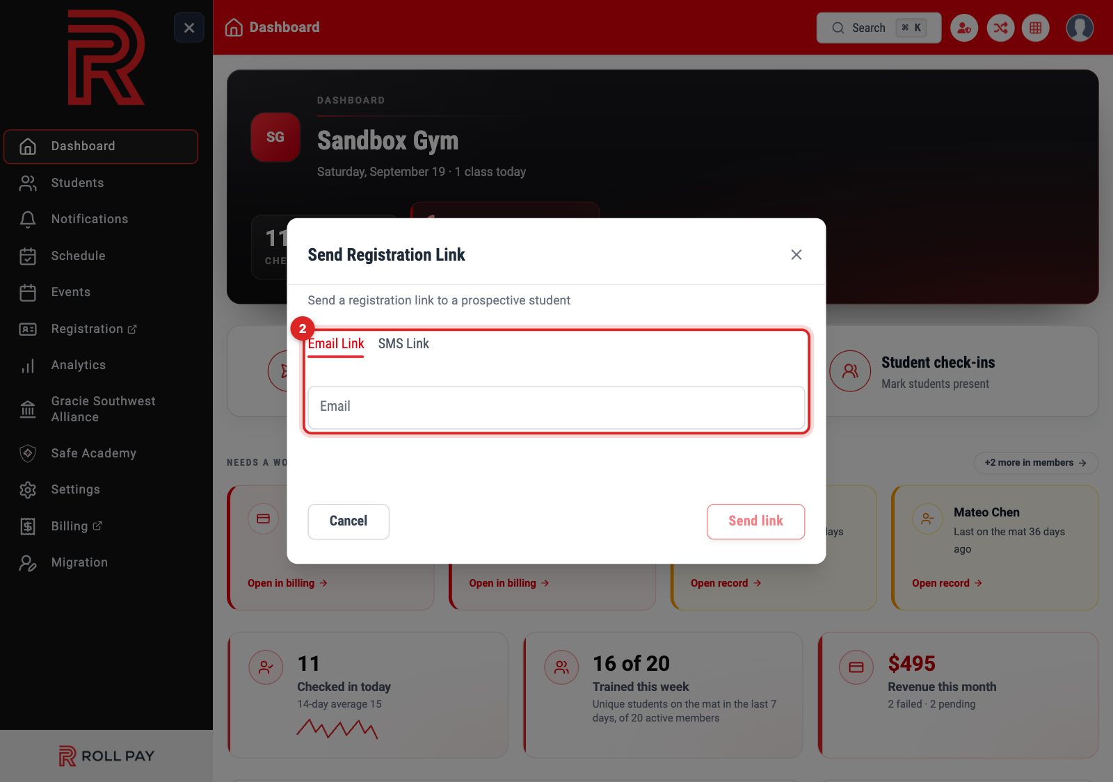 The Send Registration Link box with the Email Link and SMS Link tabs