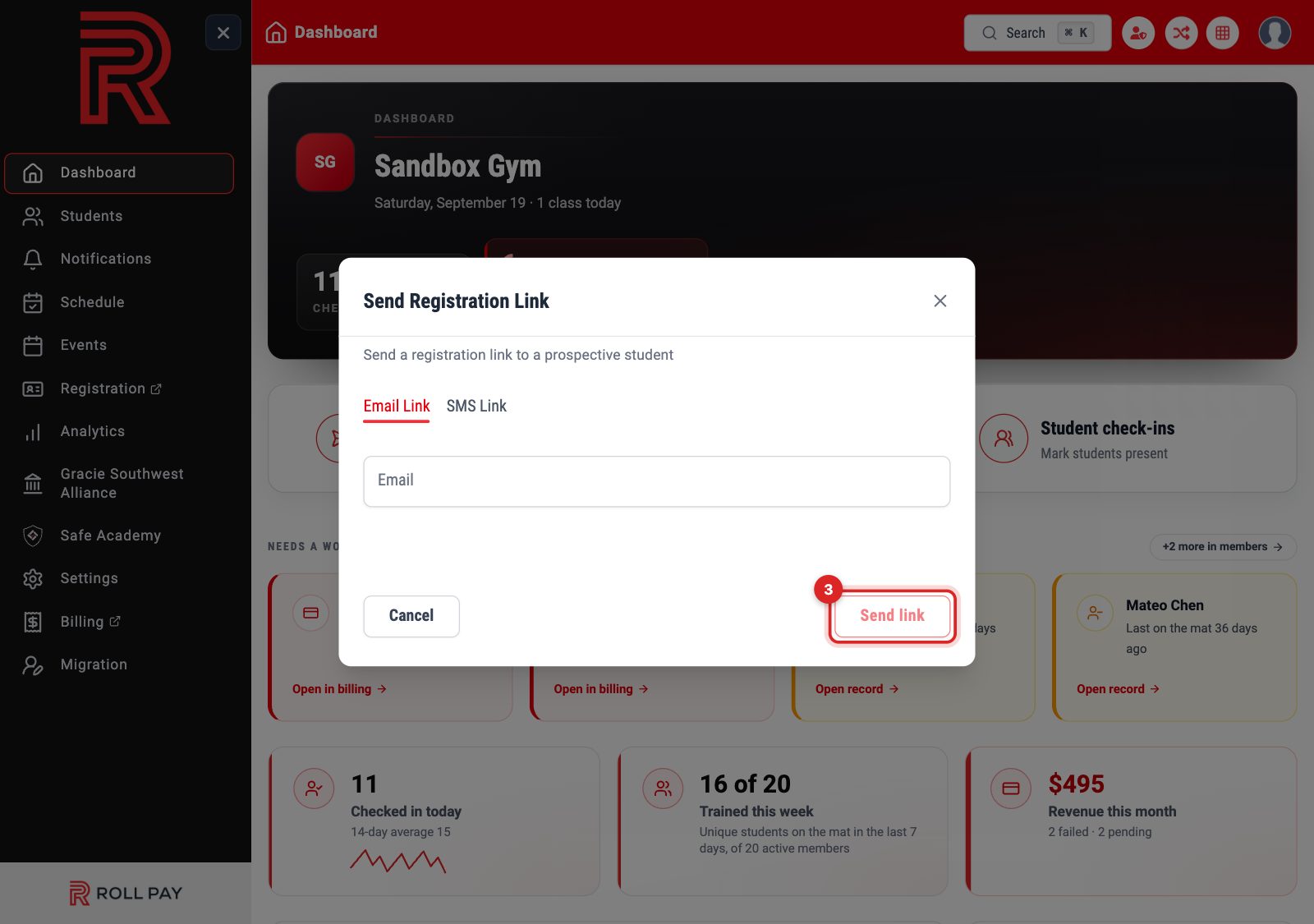 The Send link button on the box