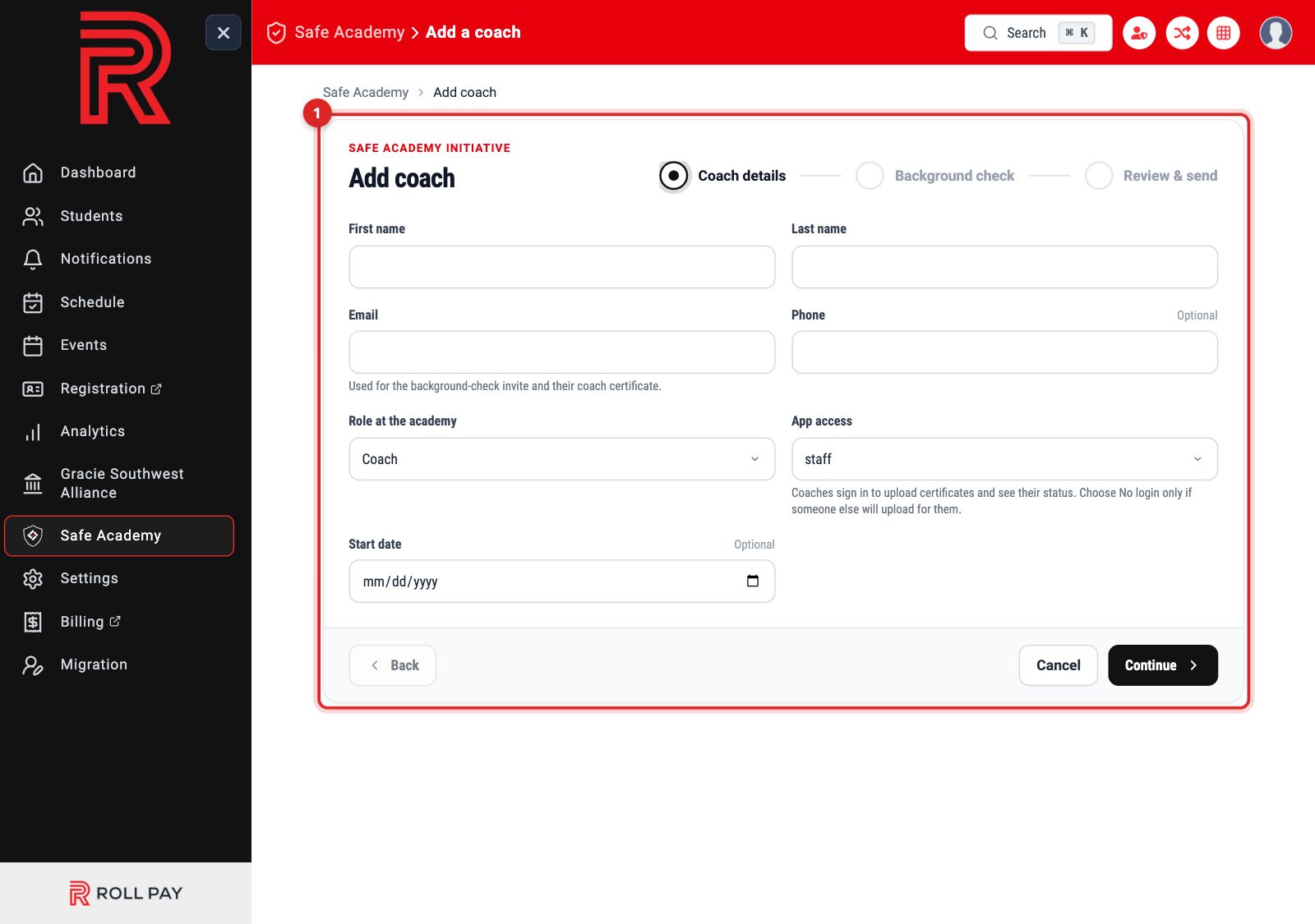 The coach details step with name, email, role and app access