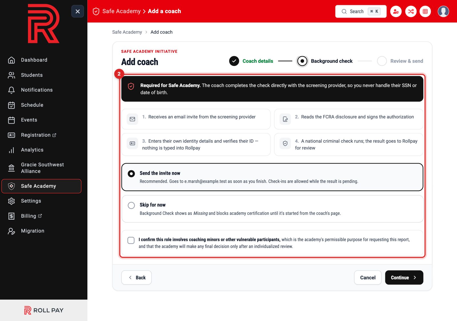 The background check step explaining what the coach does, with send or skip