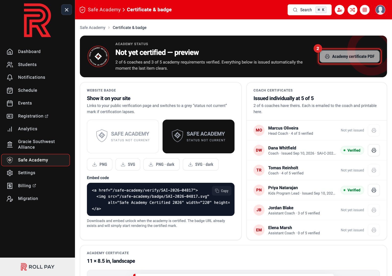 The academy certificate panel
