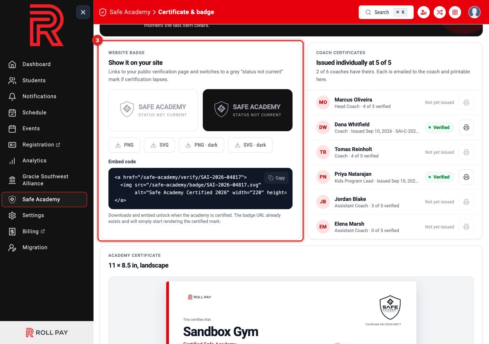 The website badge in light and dark, with PNG and SVG downloads