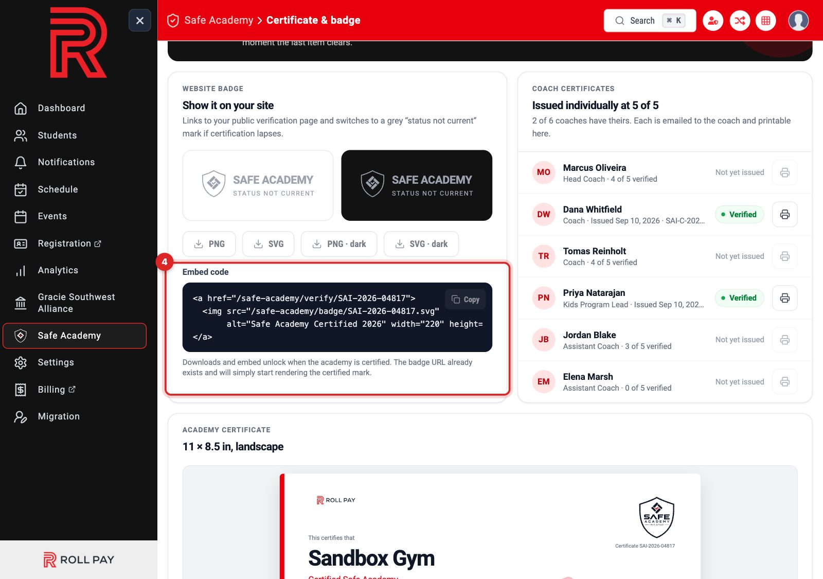 The embed code with a copy button