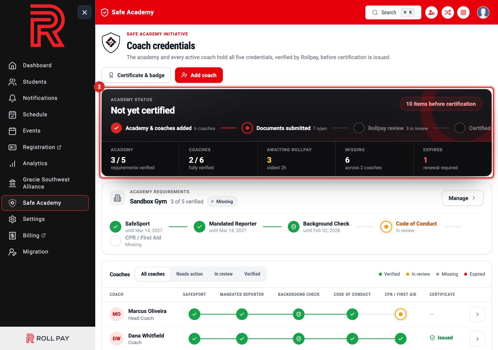 The certification tracker reading not yet certified, with ten items to go