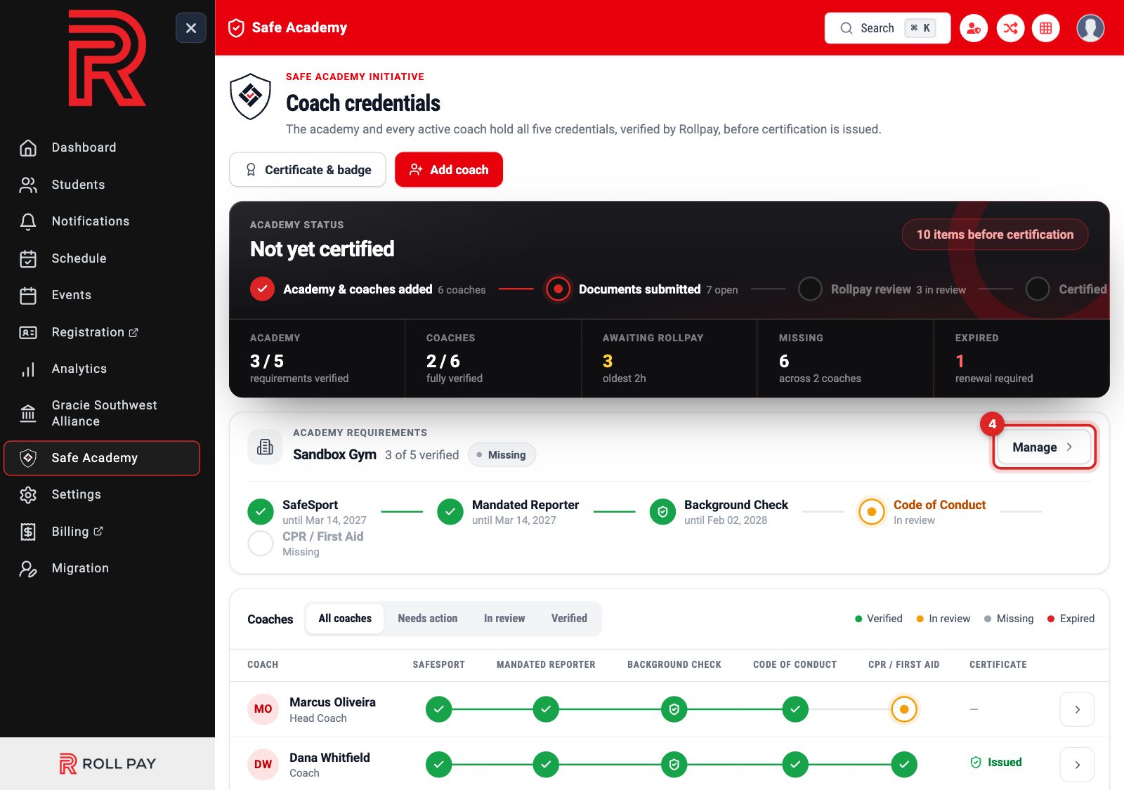 The Manage button on the academy requirements card