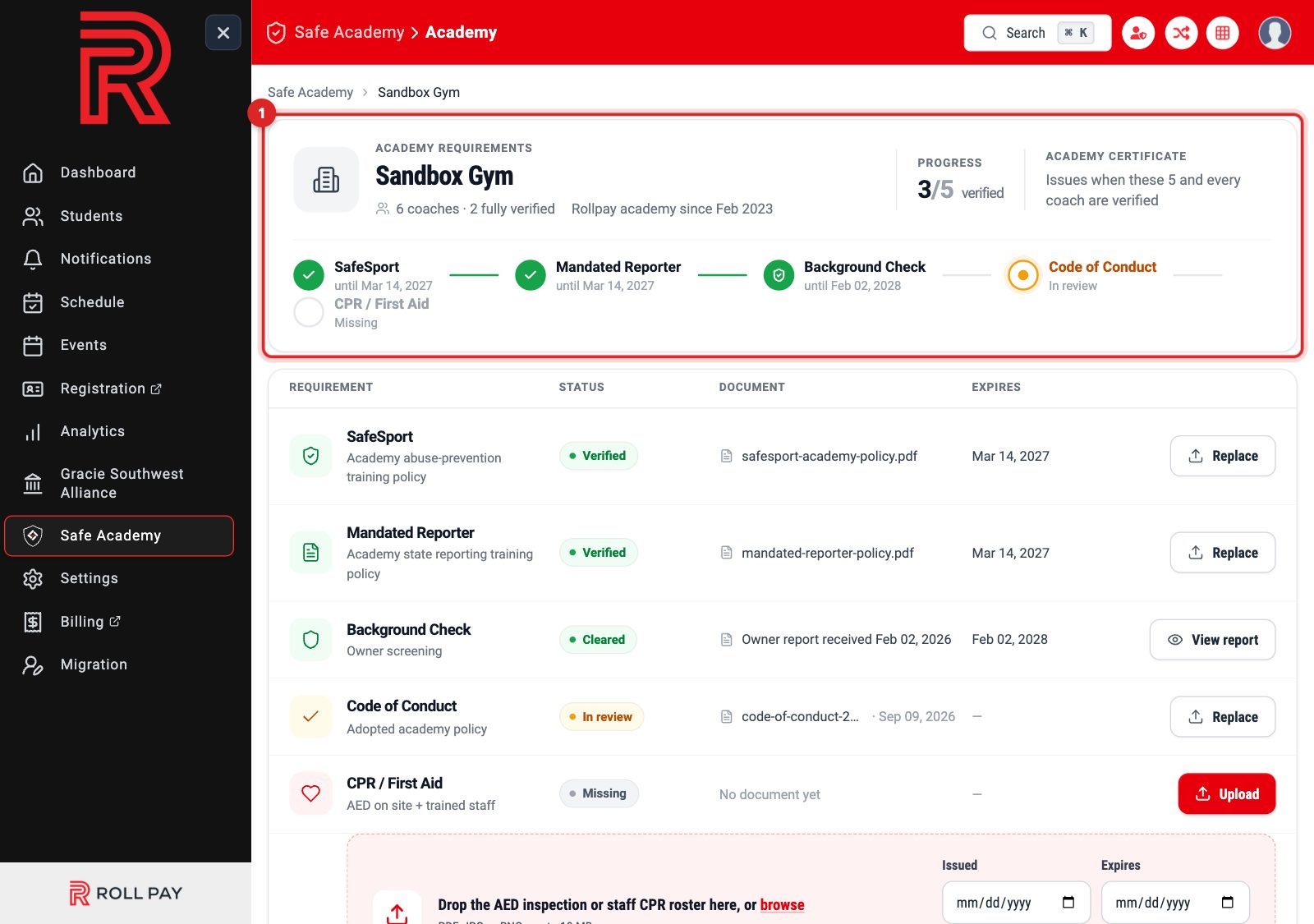 The academy requirements page with progress and five credential rows
