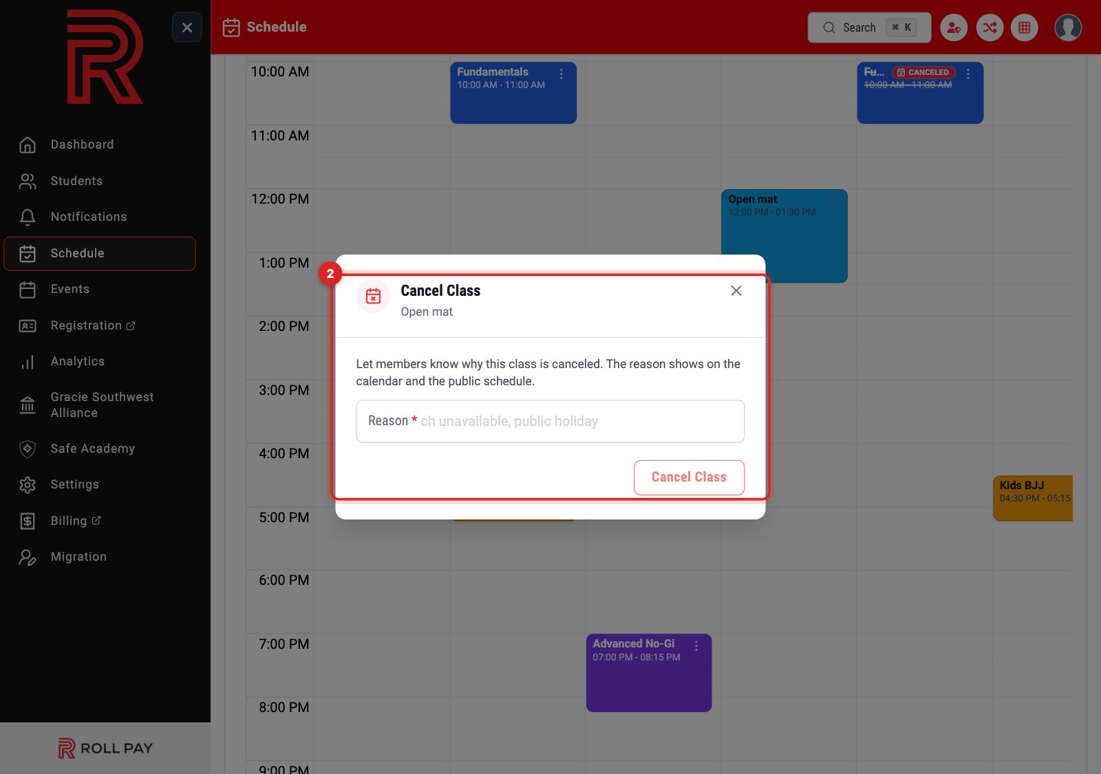 The Cancel Class box naming the session