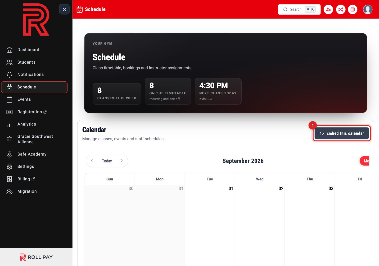 The Schedule page with the Embed this calendar button highlighted