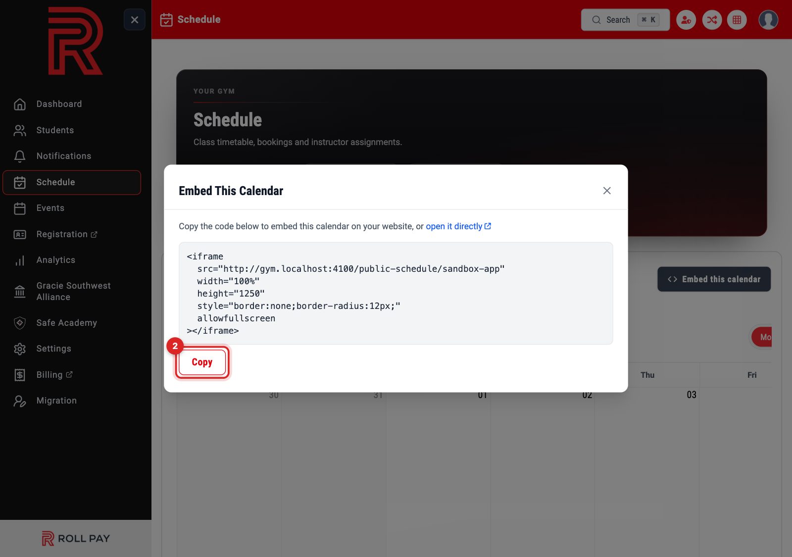 The Embed This Calendar window with the code and the Copy button highlighted
