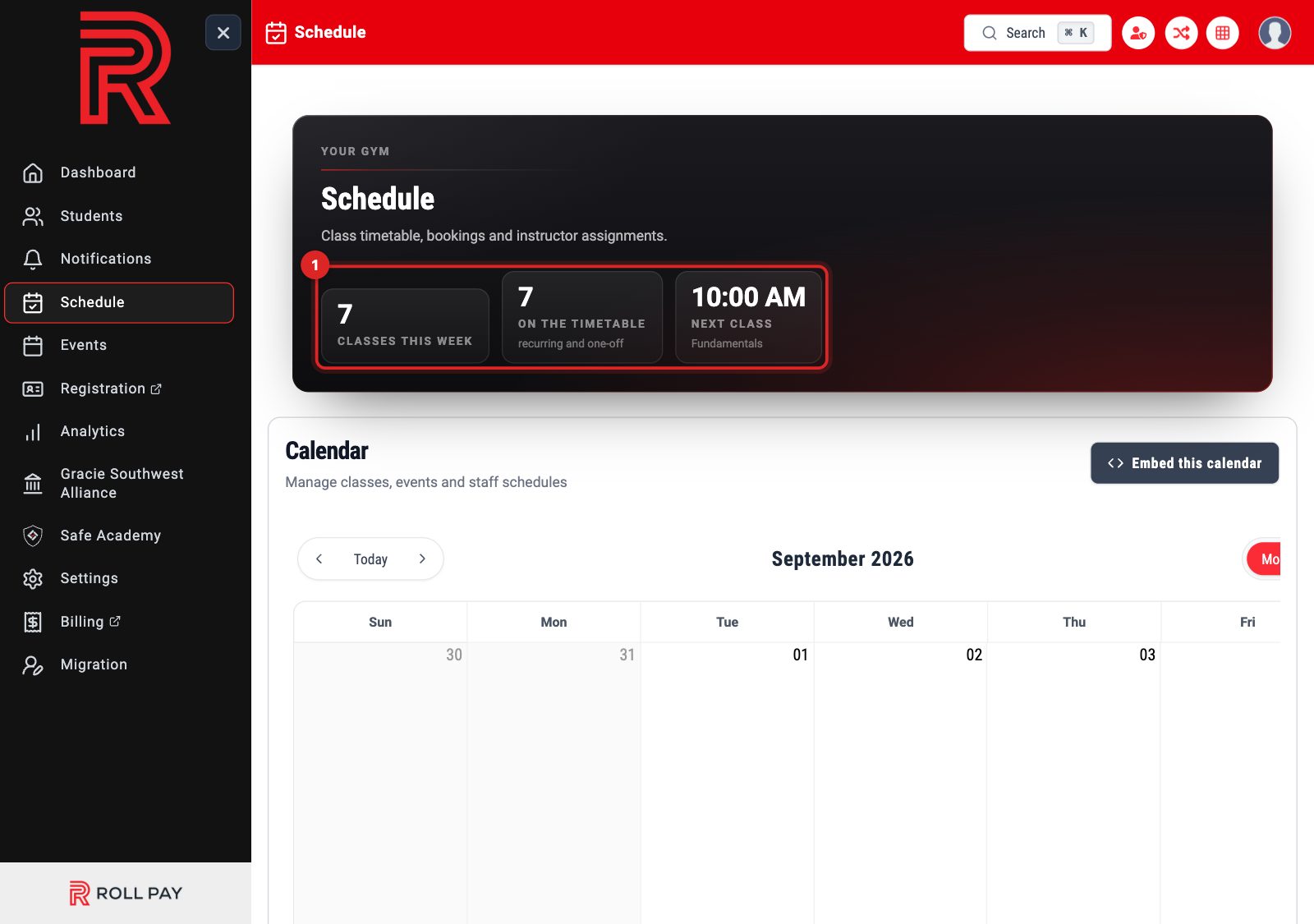 The Schedule header showing classes this week, on the timetable and the next class